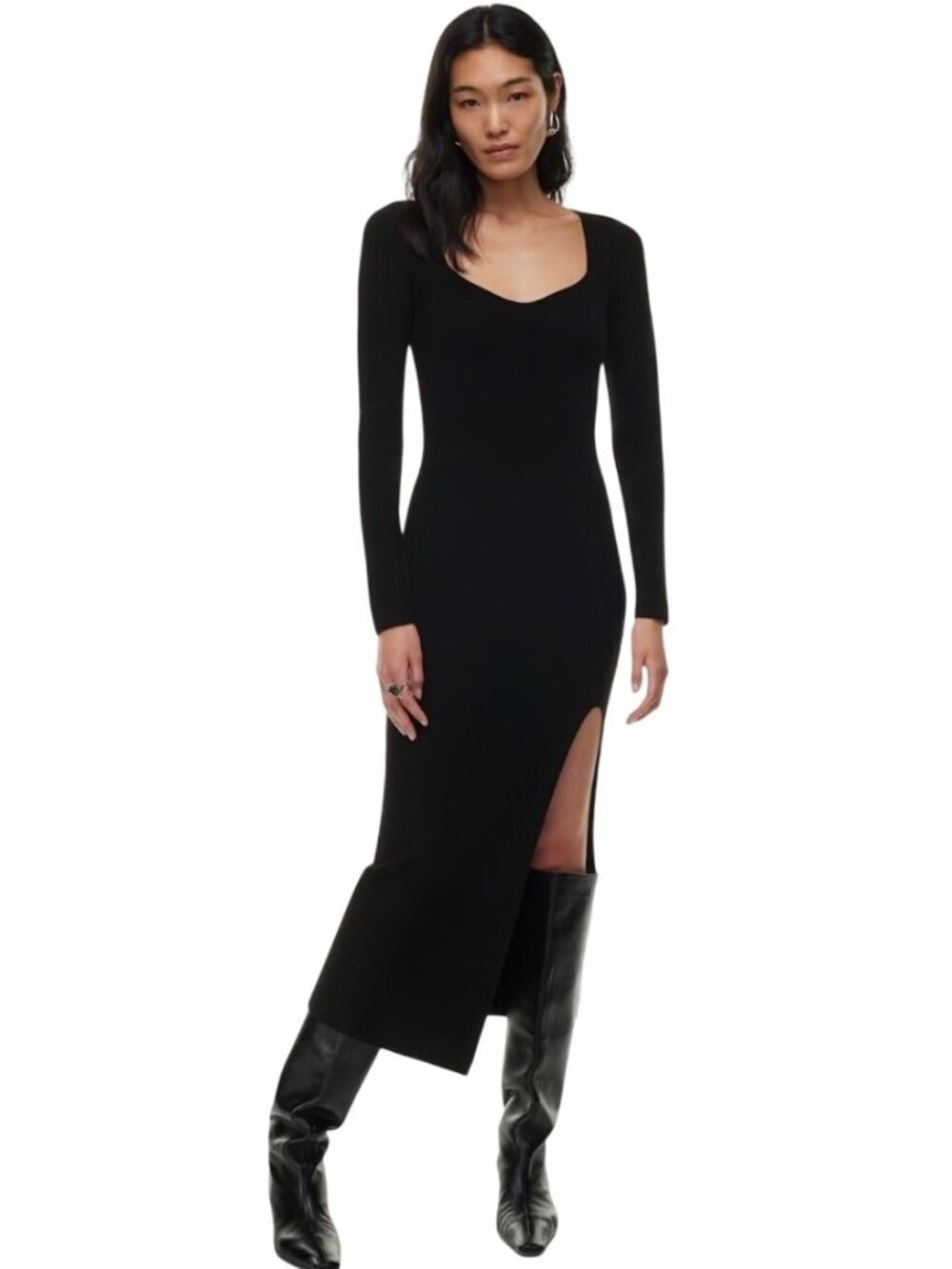 Wilfred Tuscany Black ribbed knit Maxi Dress Long Sleeves Side Slit Size S